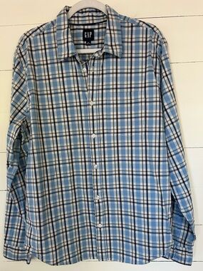 GAP Men's Blue and White Plaid Button-Down Shirt Size XL